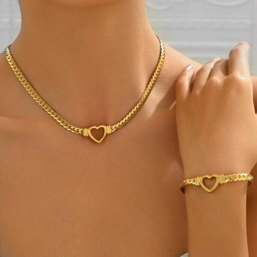 18K Gold Filled Heart Link Necklace & Bracelet Set